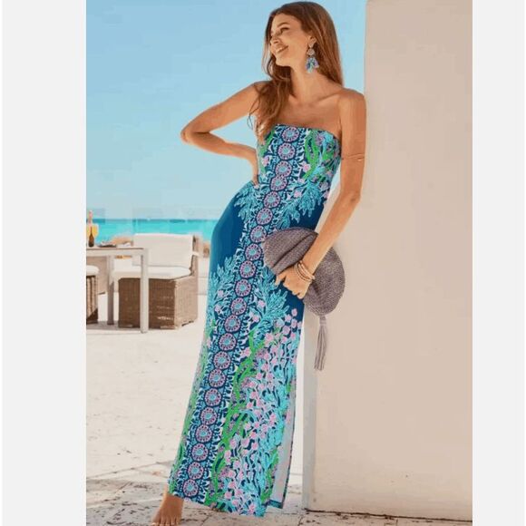 Lilly Pulitzer Noa Strapless Maxi Dress Barton Blue Secret Escape Print Size 0